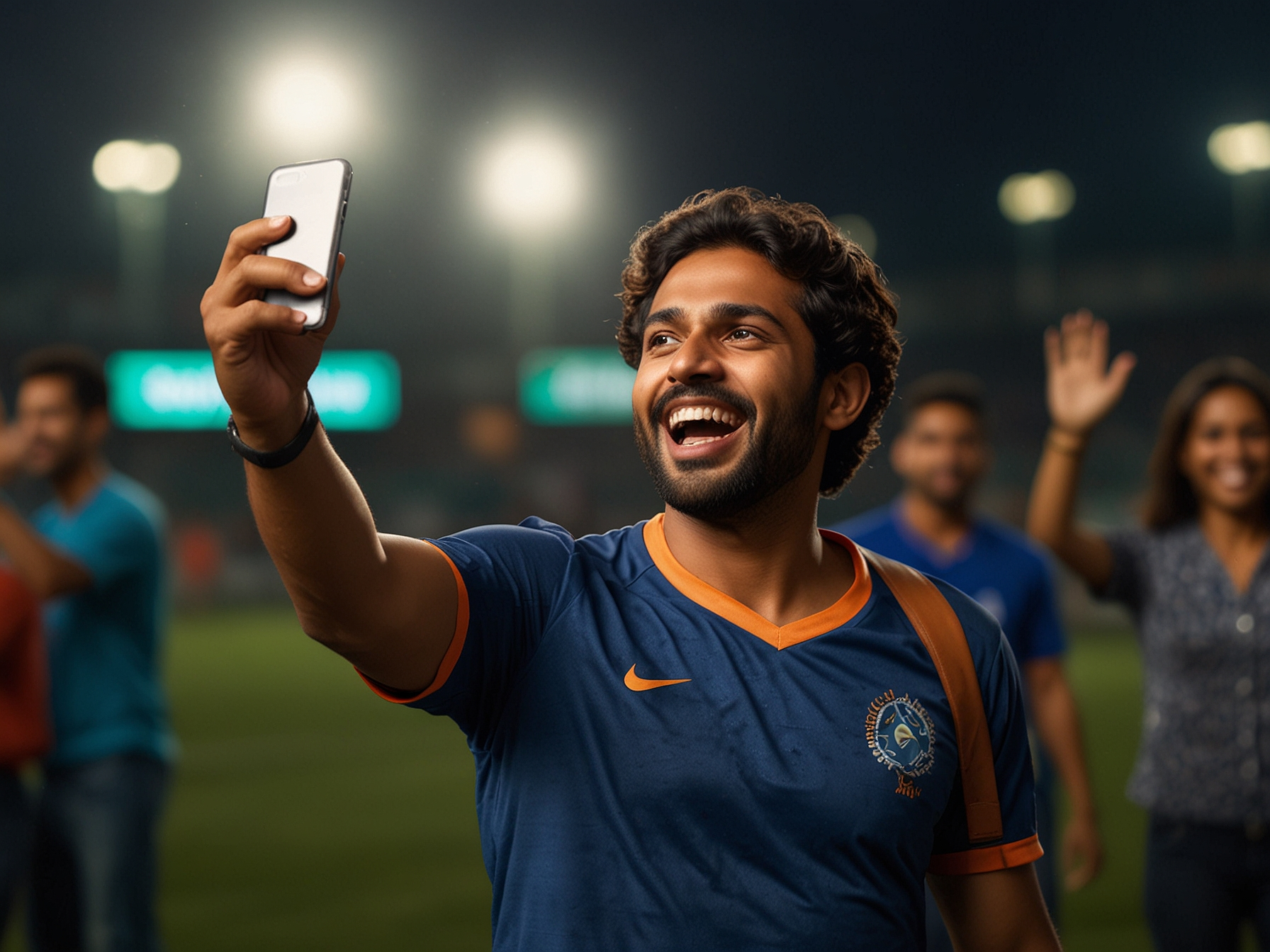 Indian sports fan celebrating with mobile phone